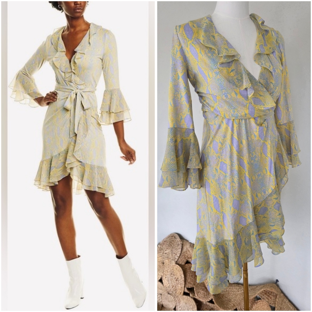 NWT Y2k  DVF Silk Ruffle Wrap Dress Pastel Snake Print Office Siren Size S - Picture 11 of 11